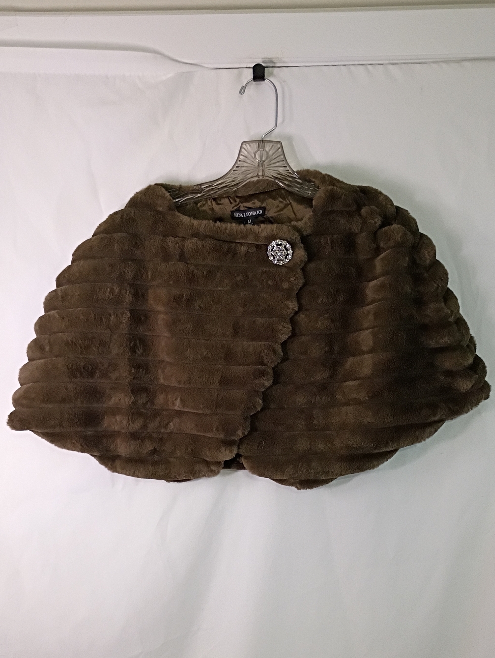 Nina Leonard Brown Faux Fur Capelet with Rhinestone Accent